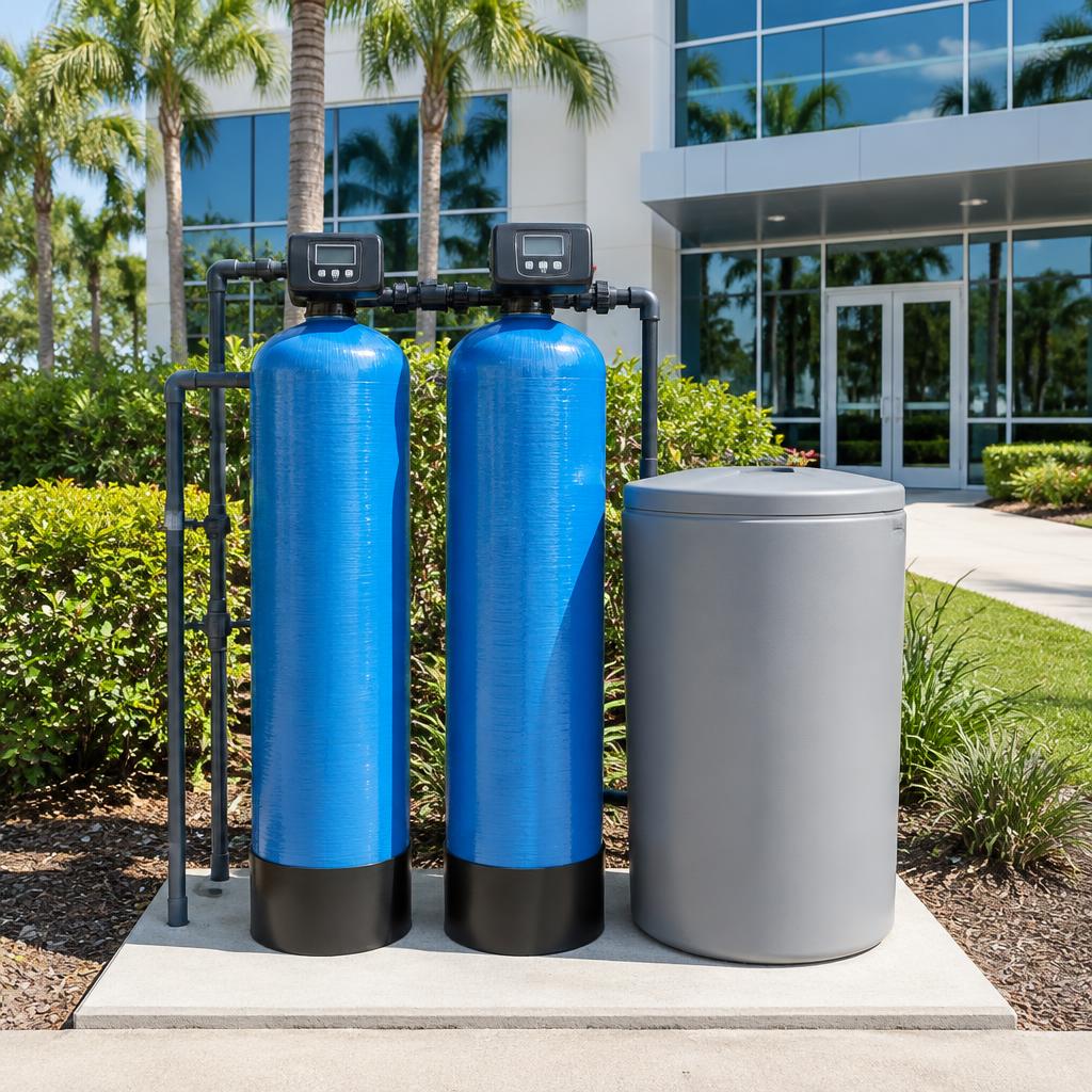Commercial water softener tanks and brine tank beside an office building