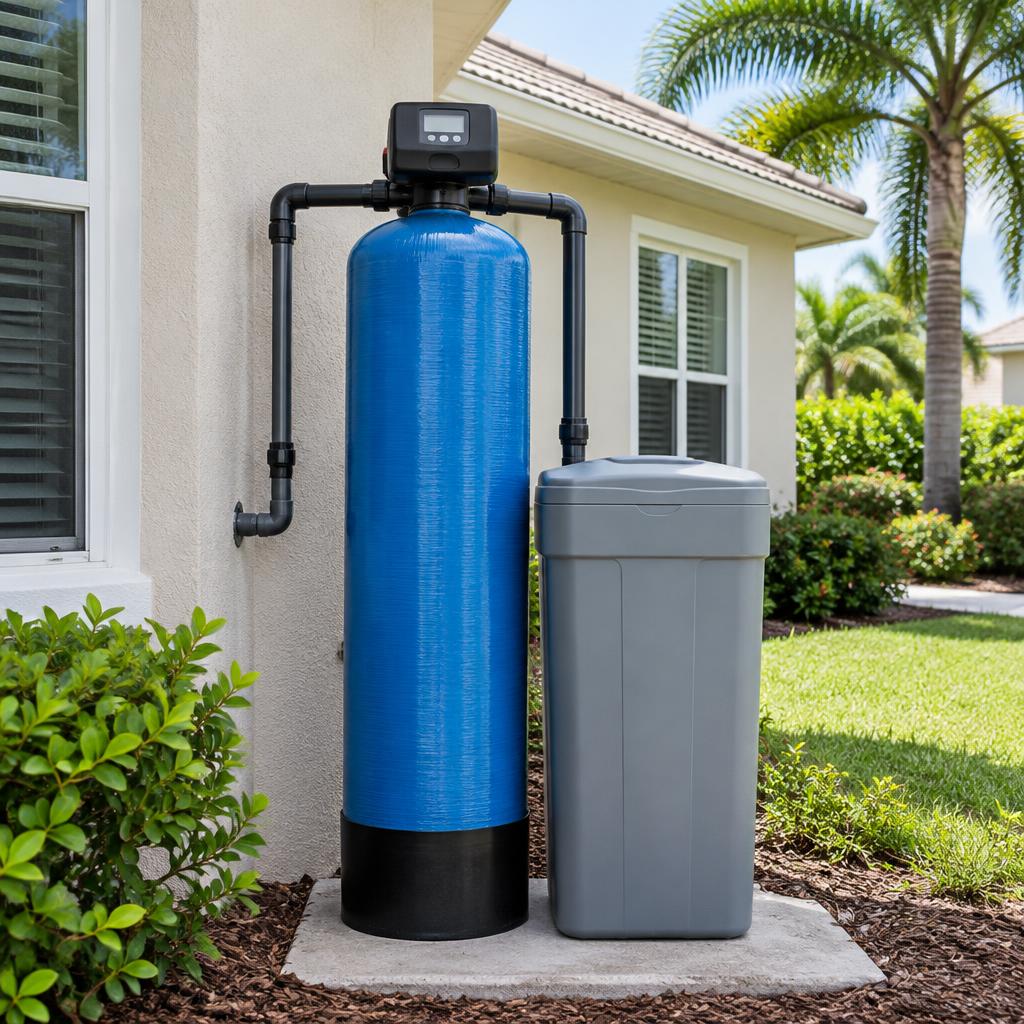 Water softener tank and brine tank beside a Florida home